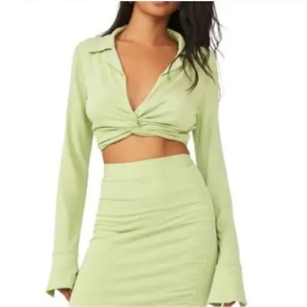 Free People Clara Top in La Perla Long Sleeve V-neck Green Size M